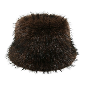 Detail of fluffy faux fox fur bucket hat featuring long fibers and gradient dark brown tones