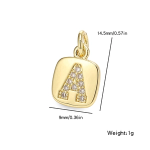 Gold square letter A pendant with inlaid cubic zirconia and dimensions measurement