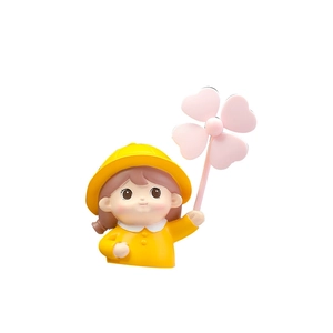 Cartoon girl in yellow raincoat car ornament with pink heart clover windmill decoration