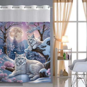 Close-up of lynx wildlife illustration on digital print shower curtain with silver grommets