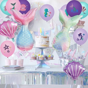 Mermaid party balloon set featuring gradient tails and shell-shaped foil decorations