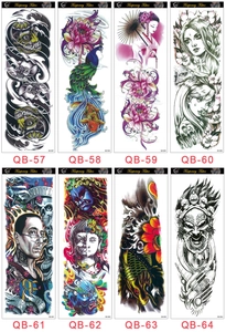 Detailed grid of waterproof full arm temporary tattoos with skull and religious motifs