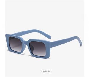 Detailed 45-degree side view of vintage blue square sunglasses with gradient gray lenses
