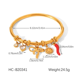Gold stainless steel bangle with sun, bow, and chili charms, size and weight details