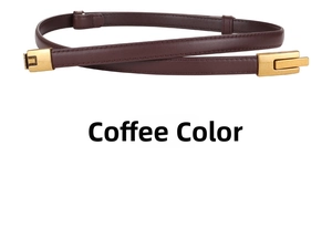 Detail of coffee brown leather belt showing fine stitching and matte gold metal buckle