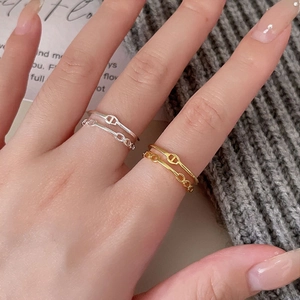 925 Sterling Silver Ring Anchor Chain Geometric Double Layer Hollow Open Adjustable Minimalist Jewelry For Women