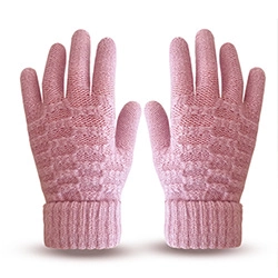 Detailed view of pink knitted thermal gloves with ribbed cuffs on a white background