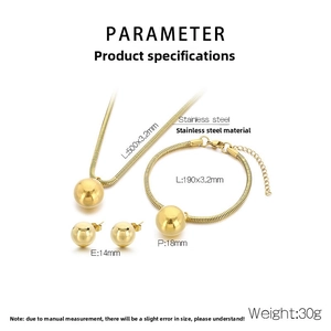 Detailed view of 18K gold-plated stainless steel jewelry set with size parameters