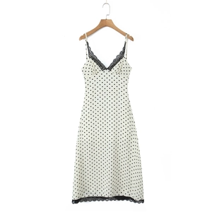 Abito Midi Vintage a Pois da Donna Con Finiture in Pizzo Nero Scollo a V Senza Maniche Slim Fit Vestito Estivo per Festa