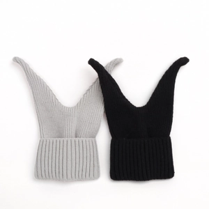 Winter knit baby beanie with cute ears in grey and black ribbed wool style