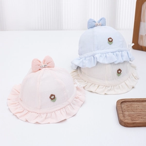 Bucket Hat Cotton Blend Ruffle Brim Bowknot Flower Embroidery Breathable Sun Protection Outdoor Princess Baby Girl