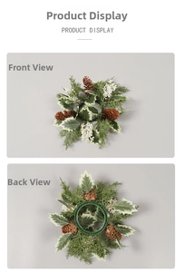 Detailed front and back view of Christmas candle ring with pine cones and white berries
