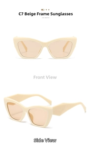 Detail view of cat eye sunglasses with cream frames and geometric temples in C7 tea lenses