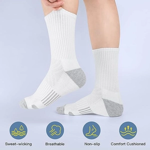White athletic crew socks for men with gray accents and comfort cushioned soles