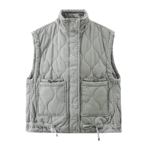 Women's casual grey quilted vest with stand collar and diamond pattern design