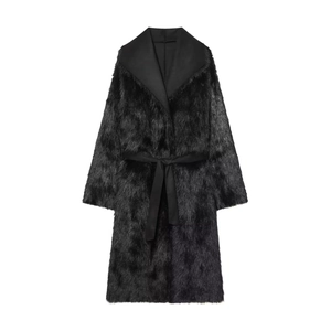 Close-up of black long faux fur coat featuring a large collar and matching waist belt