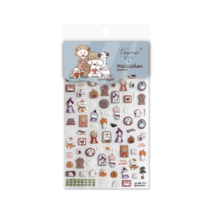 Halloween dog nail stickers with pumpkin, witch hat and ghost illustrations on white background
