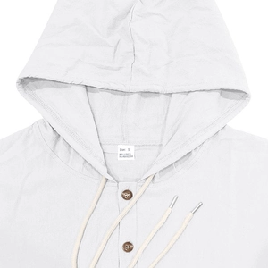 Detail of linen hoodie neckline with woven drawstrings and natural wood buttons