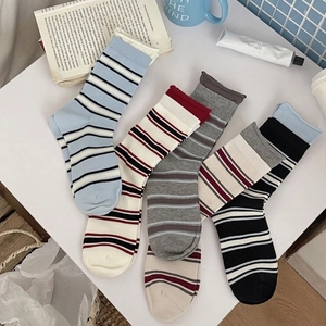 Women Striped Mid-calf Socks Combed Cotton Breathable Casual Japanese Style Trendy Daily Wear