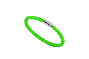 Detail of bright green braided PU leather bracelet with a silver magnetic metal clasp