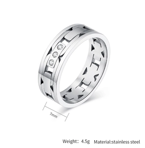 Detail view of 7mm silver stainless steel chain ring with crystals and weight specs