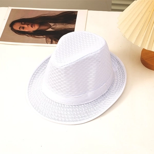 Close-up of white mesh jazz fedora hat with breathable hollow texture and band
