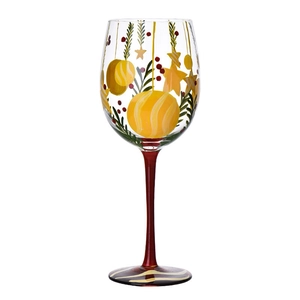 Hand-painted Christmas tree wine glass with green pine branches and red stem