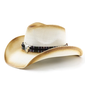 Western straw cowboy hat in beige with vintage gradient brim and bull skull detail