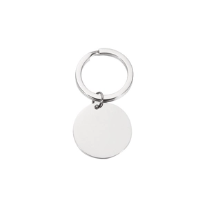 Detailed view of polished stainless steel round tag keychain with blank DIY surface
