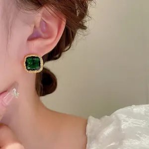 French vintage style square emerald zircon stud earrings with embossed gold finish