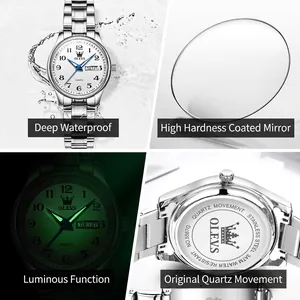 Silver stainless steel ladies quartz watch with day-date display and 3ATM waterproof feature