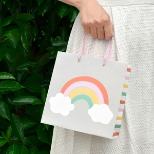 Cute Cartoon Cloud Rainbow Gift Bag White Cardboard Thickened Paper Handbag With Pink Ribbon Handle For Birthday Party