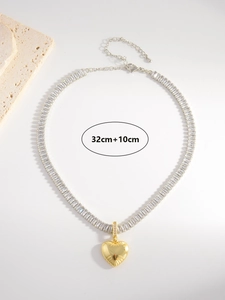 French vintage gold heart pendant necklace with square zircon stones, 32cm + 10cm length