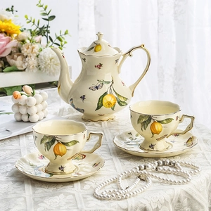 Vintage French Ceramic Coffee Cup And Saucer Gold Rim Floral Lemon Butterfly Pattern Afternoon Tea Teapot