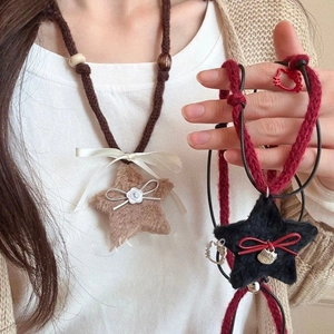 Plush Star Pendant Necklace With Knitted Rope And Alloy Bow Retro Sweater Chain Fashion Jewelry For Women