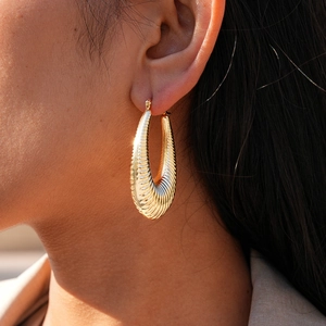 Textured Ribbed Oval Hoop Earrings Geometric Iron Metallic Retro Minimalist Fashion Jewelry For Women