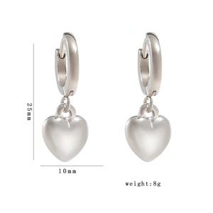 Polished silver heart drop earrings with size measurements of 25mm in height