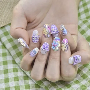 3D embossed bear and tulip nail stickers with lavender plaid and cute bow designs