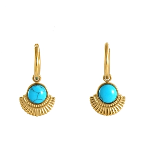 Bohemian gold hoop earrings featuring turquoise pendants with sunburst metal accents