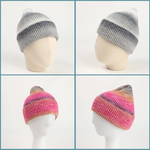 Detailed knit texture and gradient tie-dye pattern on winter thermal beanie hats