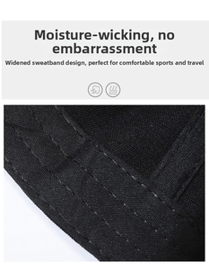 Detail of widened sweatband in black baseball cap showing reinforced stitching and moisture fabric