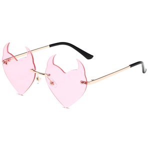 Pink heart-shaped devil horn rimless sunglasses with gold metal frame for party