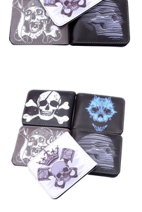 Detail of skull print bifold wallets with contrast stitching and punk rock designs