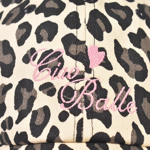 Leopard print baseball cap with pink Ciao Bella embroidery and heart pattern