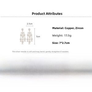 Detailed view of zircon drop floral tassel earrings with silver pins, 7x2.7cm size