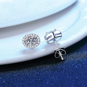 Classic oval S925 sterling silver stud earrings featuring 1 carat moissanite halo setting