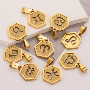 Golden hexagonal 18K stainless steel zodiac pendants with frosted texture detail