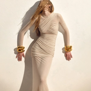 Women Sexy Mesh See-Through Maxi Dress Long Sleeve Ruched Cut Out Slim Fit Streetwear
