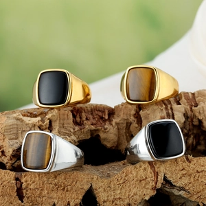 Square Signet Ring Stainless Steel With Tiger Eye Stone And Black Onyx Polished Geometric Jewelry For Men Women