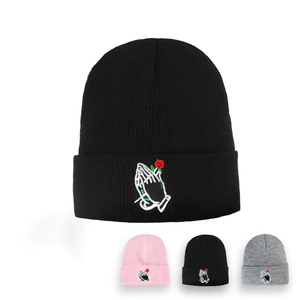 Knitted Beanie Hat Acrylic Warm Winter Praying Hands Rose Embroidery Streetwear Unisex Casual